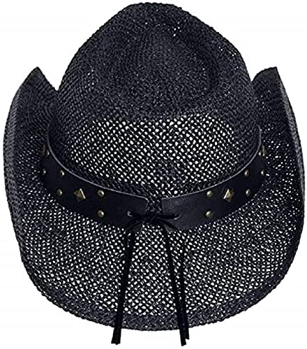 Black Straw Cowboy Hat for Men, Faux Leather, Longhorn, Shapeable Brim