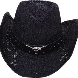 Black Straw Cowboy Hat for Men, Faux Leather, Longhorn, Shapeable Brim