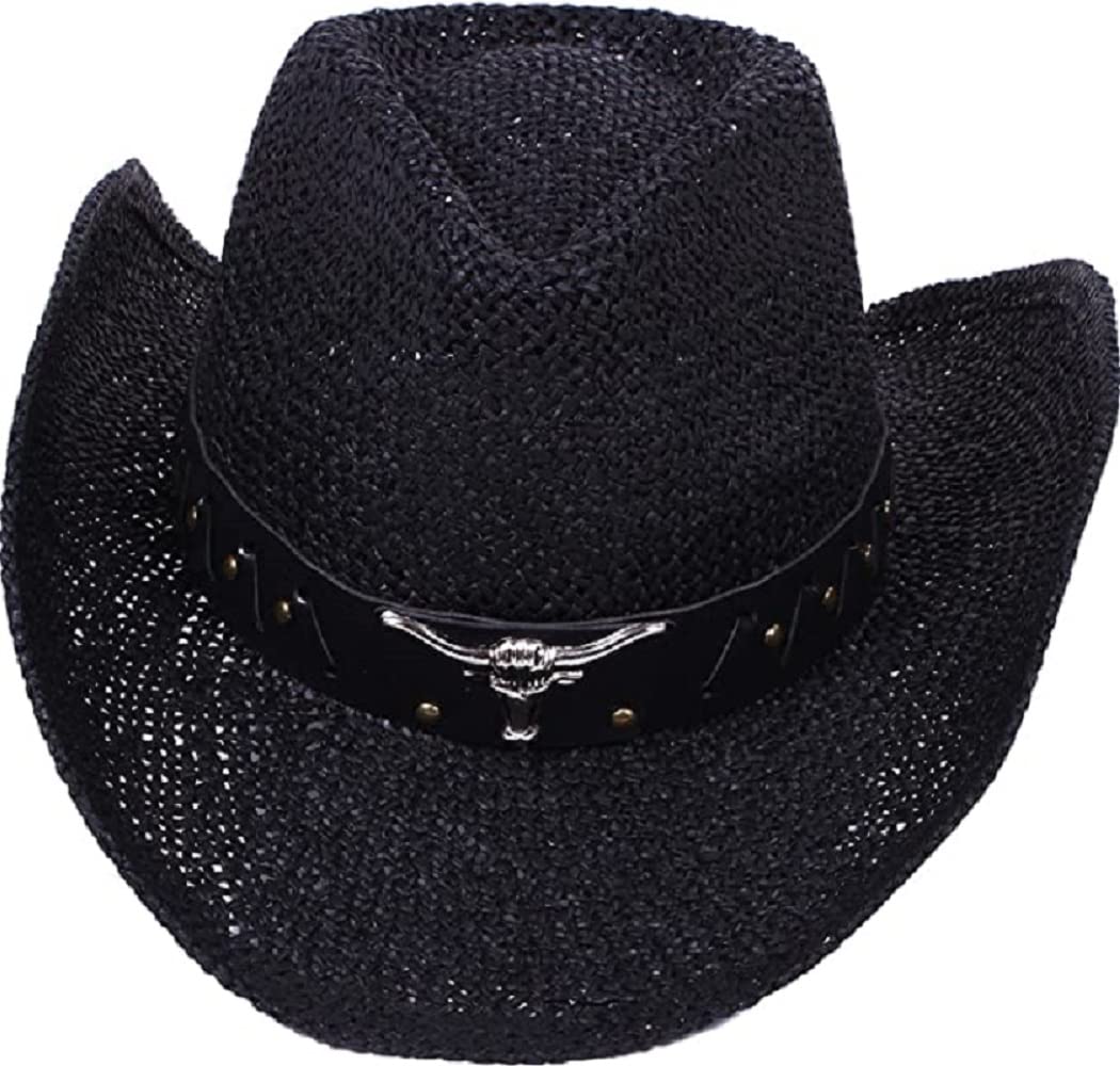 Black Straw Cowboy Hat for Men, Faux Leather, Longhorn, Shapeable Brim