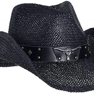 Black Straw Cowboy Hat for Men, Faux Leather, Longhorn, Shapeable Brim