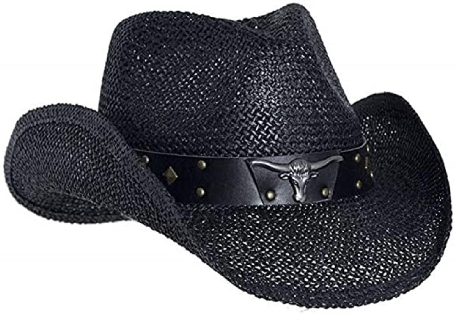 Black Straw Cowboy Hat for Men, Faux Leather, Longhorn, Shapeable Brim