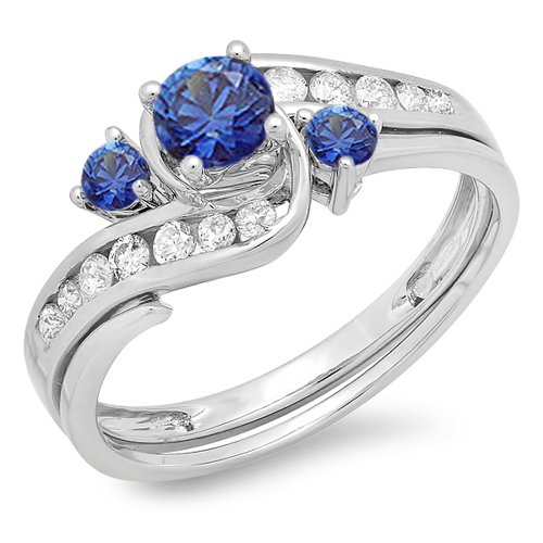 Dazzlingrock Collection Blue Sapphire & White Diamond Swirl Wedding Ring Set in 10K White Gold, Size 8.5