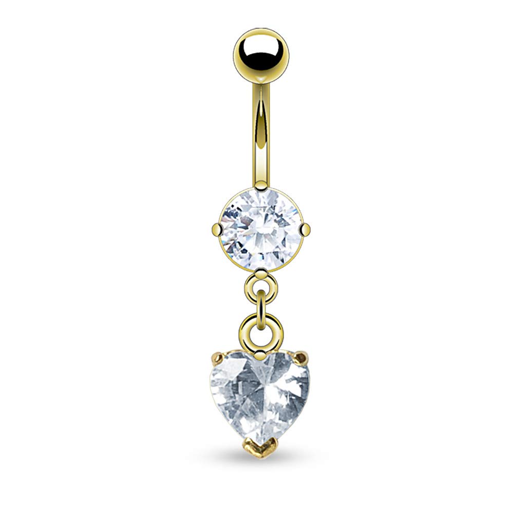 Forbidden Body Jewelry 14kt Gold Plated Surgical Steel Clear CZ Dangle Belly Button Ring with Crystal Heart Charm