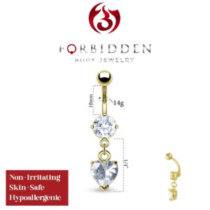 Forbidden Body Jewelry 14kt Gold Plated Surgical Steel Clear CZ Dangle Belly Button Ring with Crystal Heart Charm