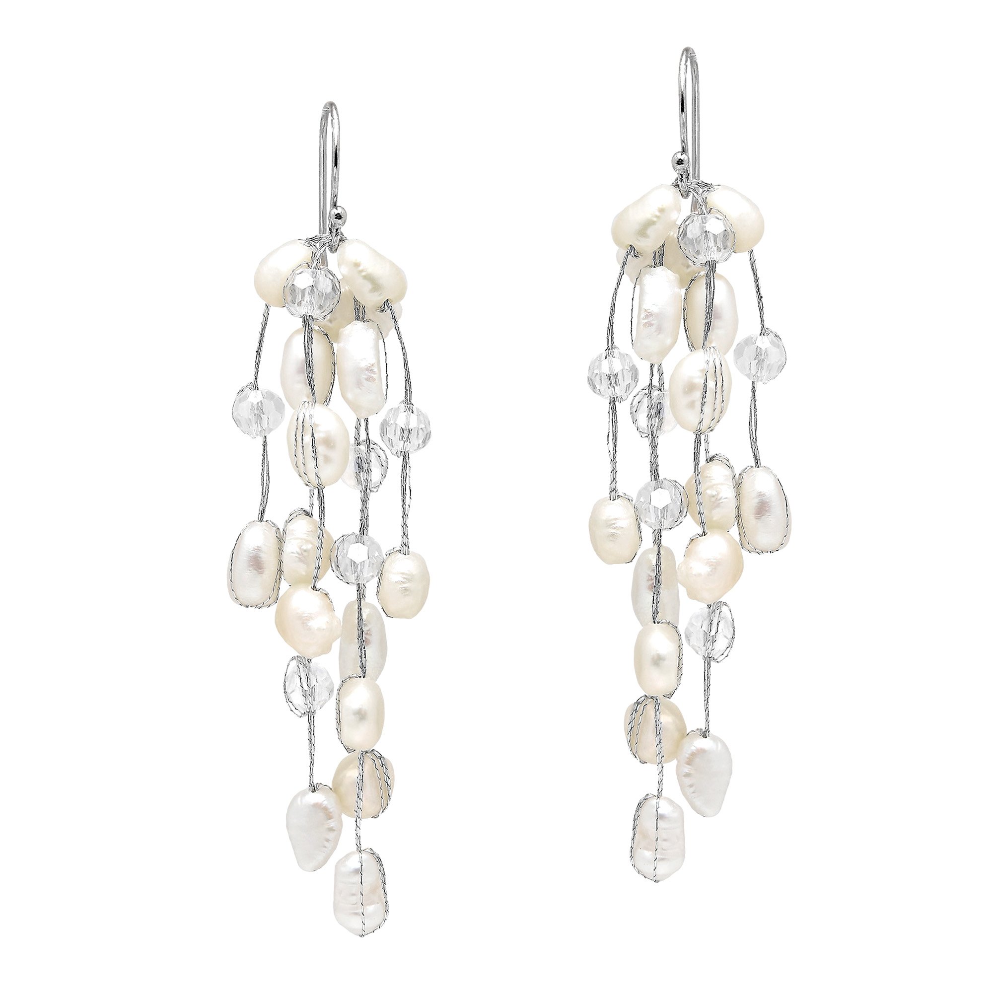 Striking Waterfall Cultured Freshwater White Pearl .925 Sterling Silver Dangle Earrings