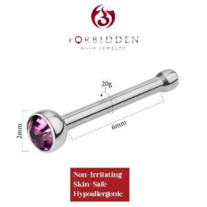 Forbidden Body Jewelry 20G Surgical Steel 2mm Bezel Set CZ Crystal Nose Stud, Purple