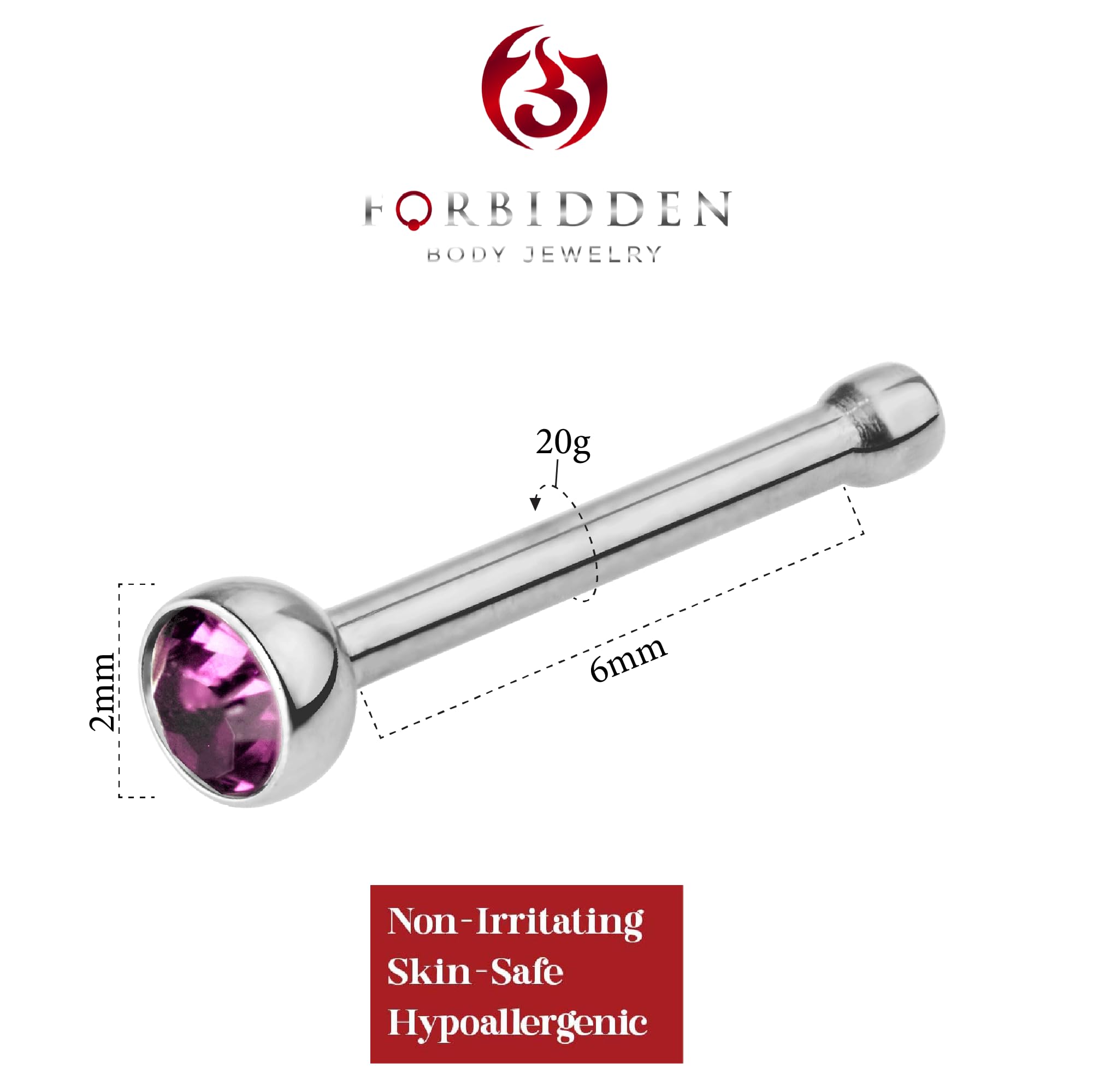 Forbidden Body Jewelry 20G Surgical Steel 2mm Bezel Set CZ Crystal Nose Stud, Purple