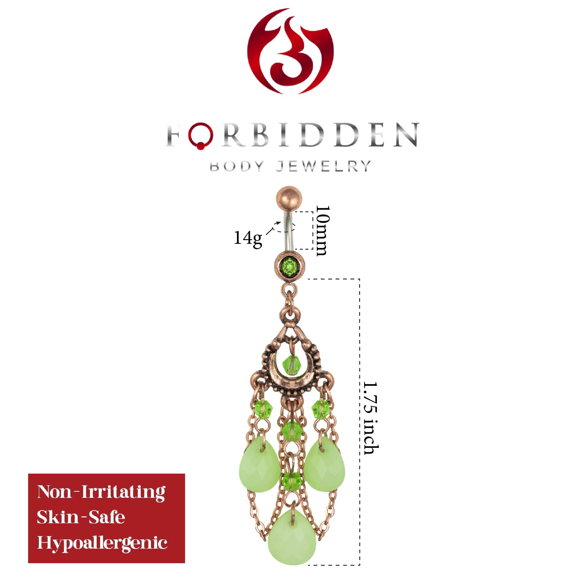 Forbidden Body Jewelry Surgical Steel Vintage Chandelier Dangle Belly Button Ring with Jade Colored Tear Drop Beads