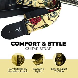 Perris Leather Guitar Strap - Skulls & Roses Jacquard Ribbon Guitar Strap, with Leather Ends - Electric/Acoustic/Bass Guitar Strap - Adjustable Strap From 39″ to 58″ - Red/Black (TWS-7071)