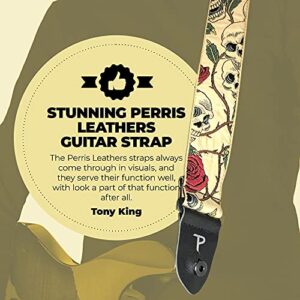 Perris Leather Guitar Strap - Skulls & Roses Jacquard Ribbon Guitar Strap, with Leather Ends - Electric/Acoustic/Bass Guitar Strap - Adjustable Strap From 39″ to 58″ - Red/Black (TWS-7071)