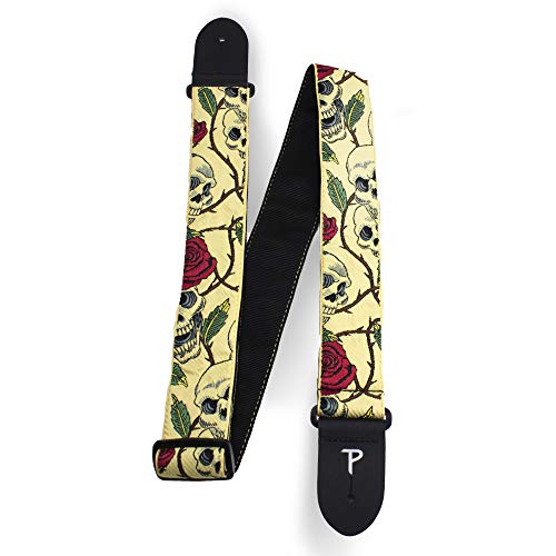 Perris Leather Guitar Strap - Skulls & Roses Jacquard Ribbon Guitar Strap, with Leather Ends - Electric/Acoustic/Bass Guitar Strap - Adjustable Strap From 39″ to 58″ - Red/Black (TWS-7071)