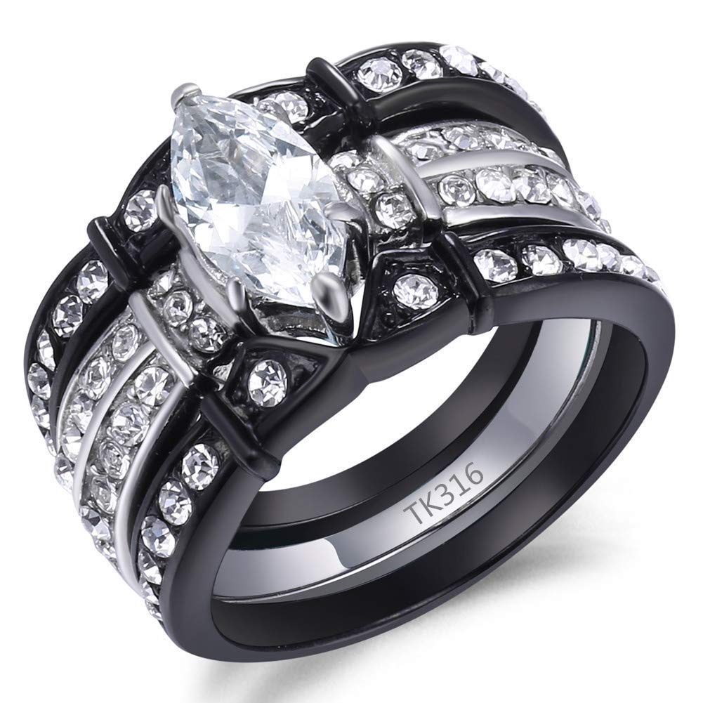 MABELLA His Hers Couple Matching Rings Black Women Stainless Steel Marquise Cut AAA+ Cubic Zirconia Wedding Engagement Ring Bridal Sets & Men CZ Titanium Band,Women's Size 7 Men's Size 10