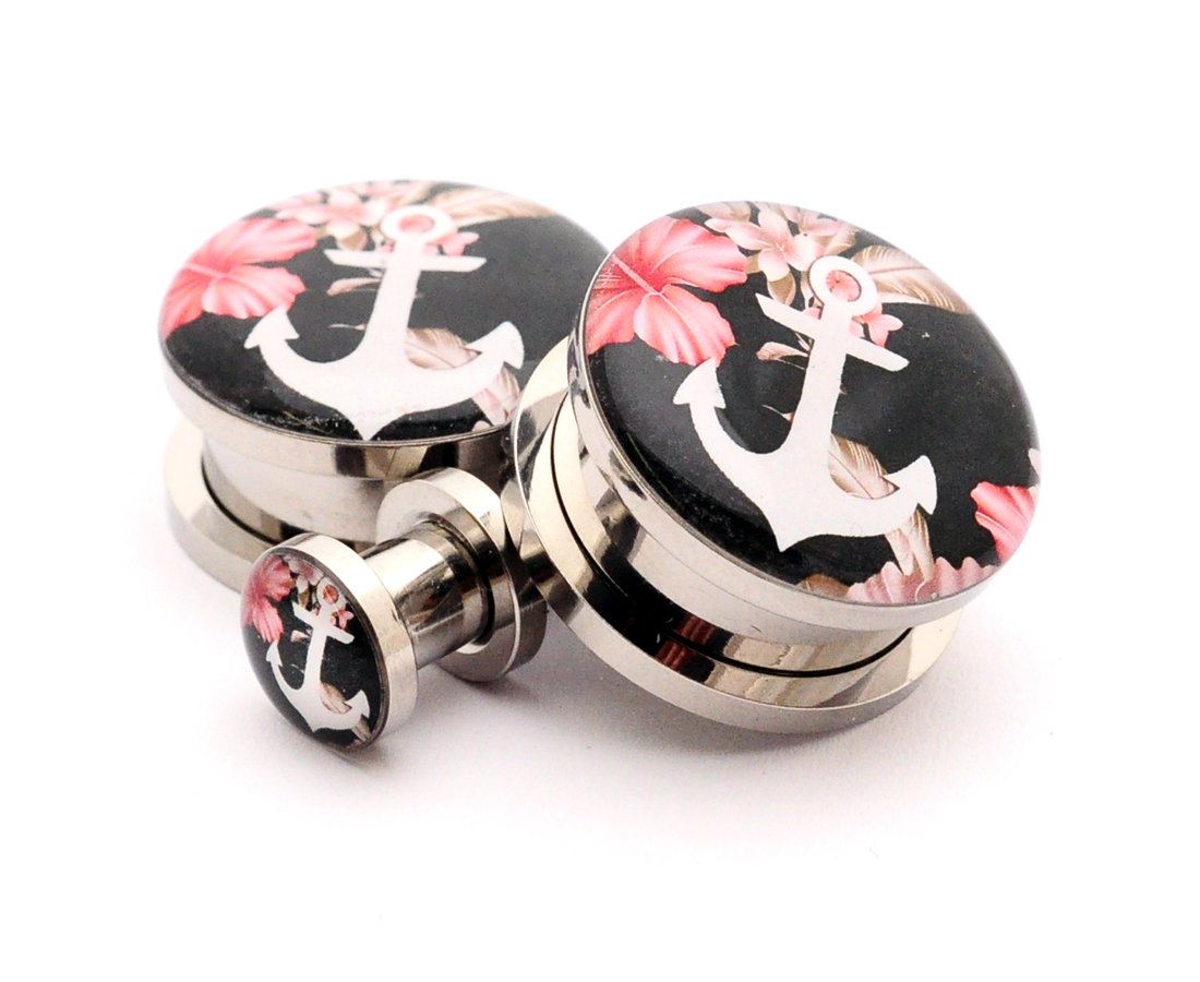 Mystic Metals Body Jewelry Screw on Plugs - Floral Anchor Picture Plugs - 8g - 3mm - Sold As a Pair