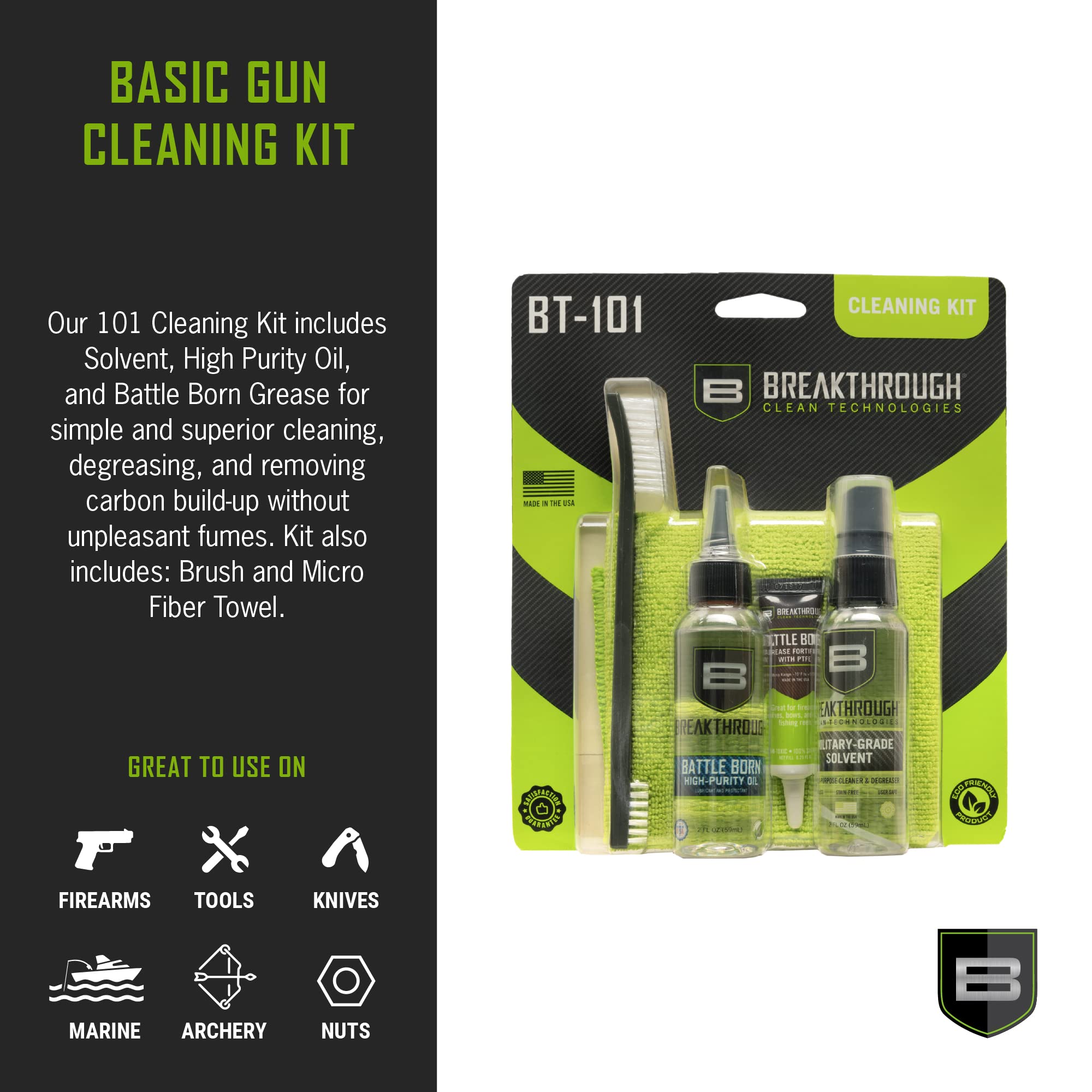 Breakthrough Clean Technologies 101 Basic Gun Cleaning Kit - Includes Military-Grade Solvent, Battle Born High-Purity Oil, and Battle Born Grease with PTFE - Perfect for Handguns and Rifles