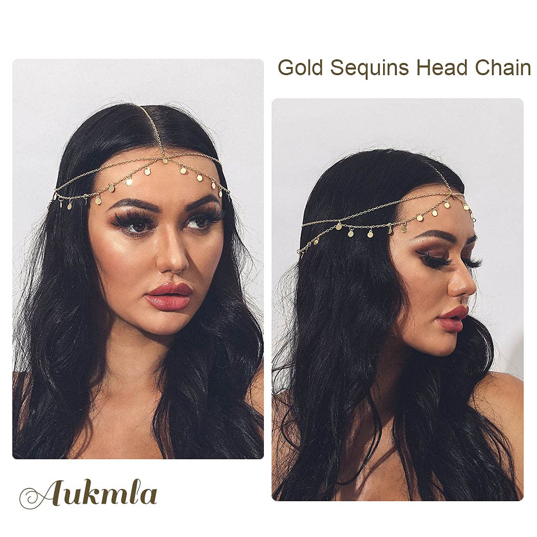 Aukmla Gold Sequins Head Chain Jewelry Festival Halloween Prom Costume Hair Accessories Fashion Headbands Headpieces for Women and Girls