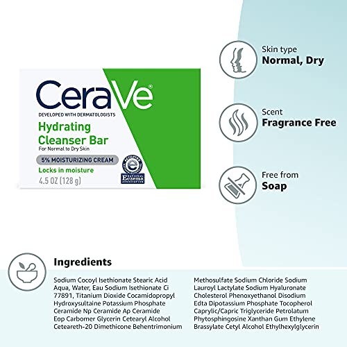 CeraVe Hydrating Cleanser Bar - Soap-Free Body and Facial Cleanser with 5% Cerave Moisturizing Cream - 4.5 Ounce Bar