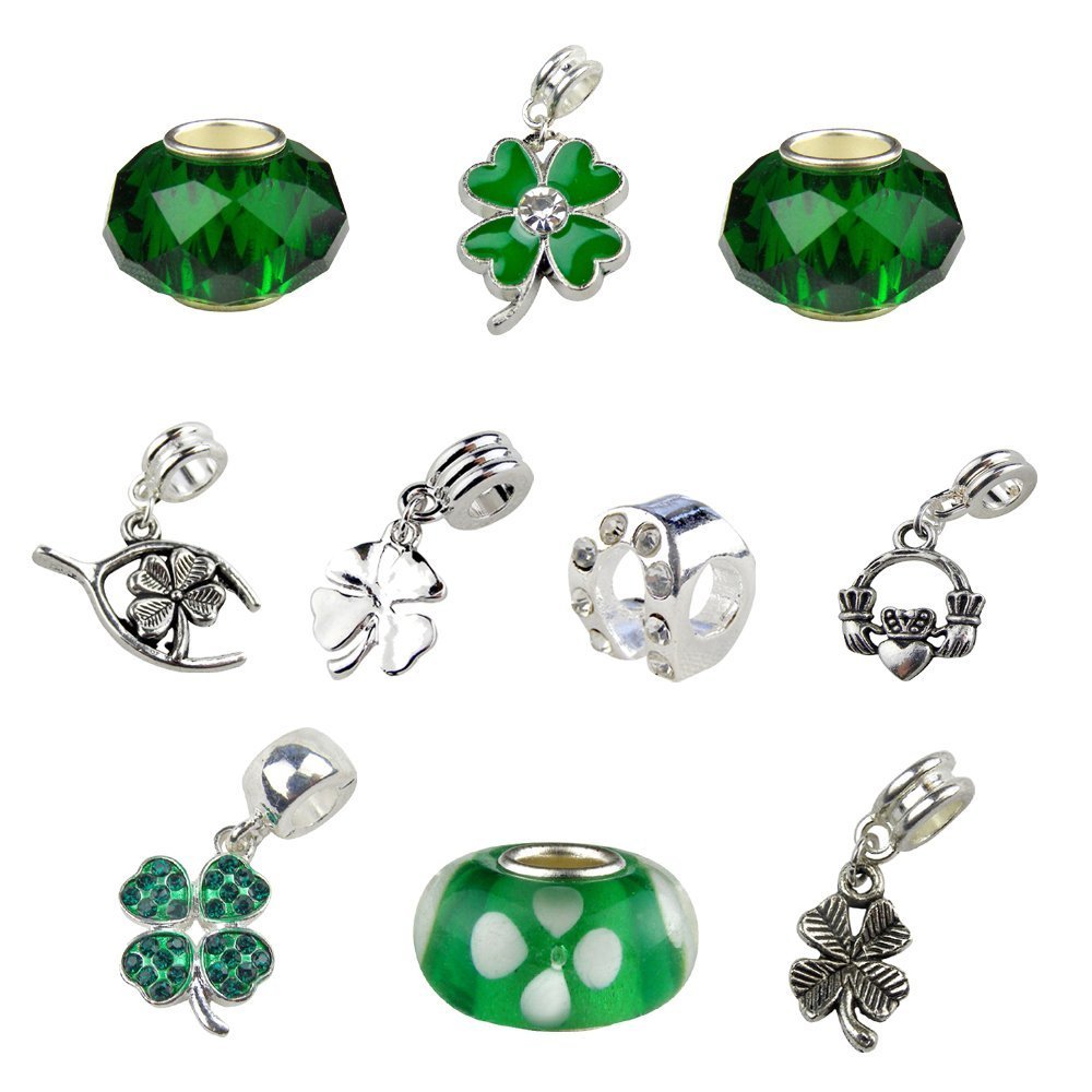 Set of 10 Irish Charms and Beads; Shamrocks, Claddagh, Horseshoe