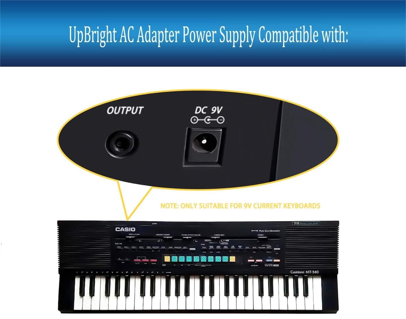 UpBright 9V AC Adapter Compatible with Casio LK-56 LK-215 CT-670 CT-680 DG-1 LK-100 CTK-551 CTK-56 CTK-149 CTK-470 CTK-680 CT-637 Tone Bank ToneBank Digital Piano Keyboard 9VDC Power Supply Charger