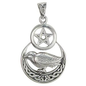 sterling silver raven crescent moon pentacle pendant