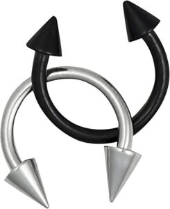 forbidden body jewelry 16g septum rings set of 2: 16 gauge 8mm surgical steel spike horseshoe rings, black & steel