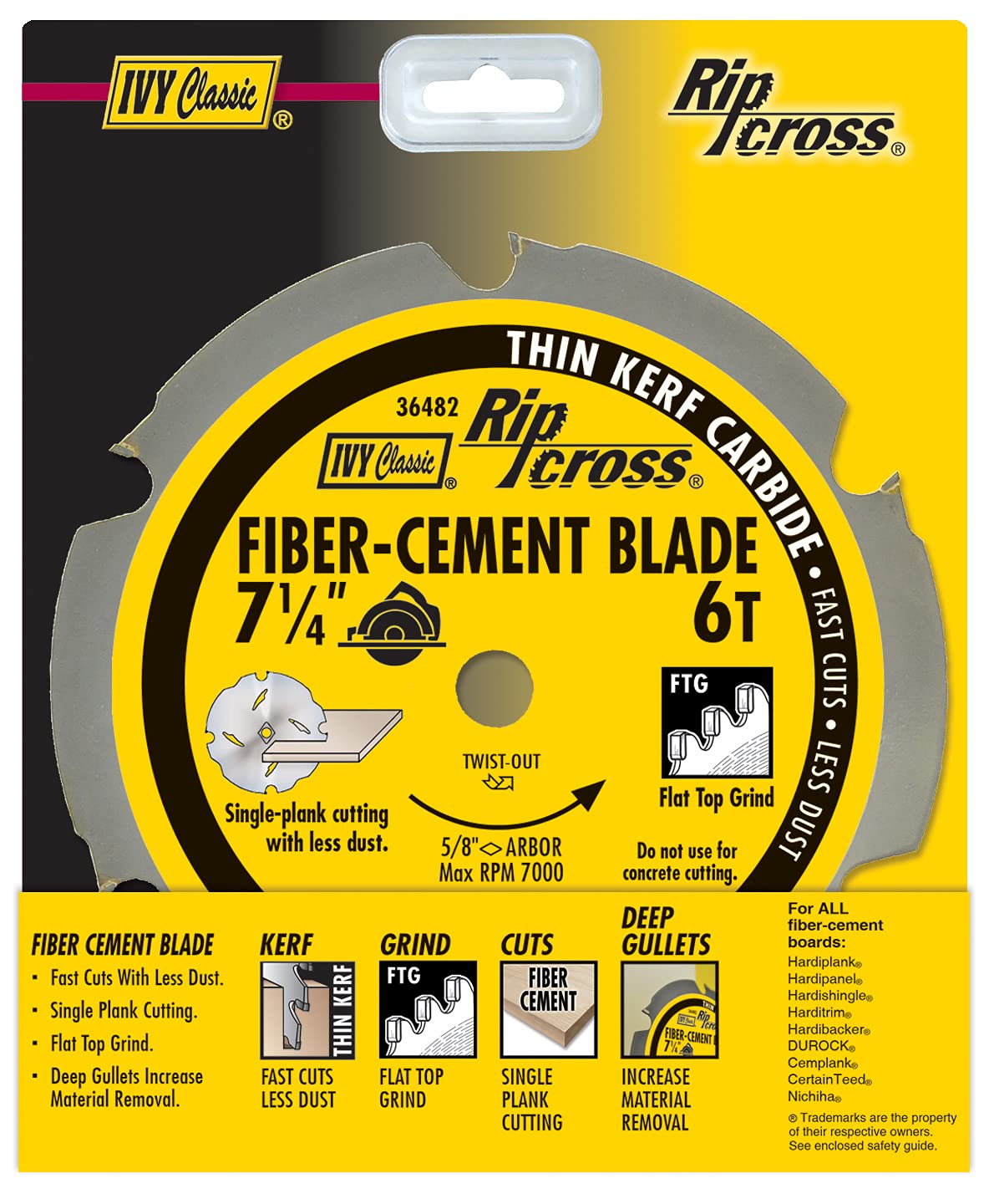 IVY Classic 36482 7-1/4" 6 Tooth Fiber-Cement Cutting Carbide Circular Saw Blade with 5/8" Diamond Knockout Arbor, 1/Card