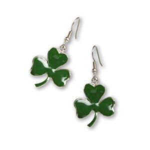 st. patrick's day irish shamrock dangle earrings green enamel on silver finish pewter