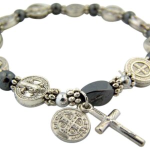 CB Silver Tone Saint Benedict Medal Hematite Bead Rosary Bracelet, 7 1/2 Inch