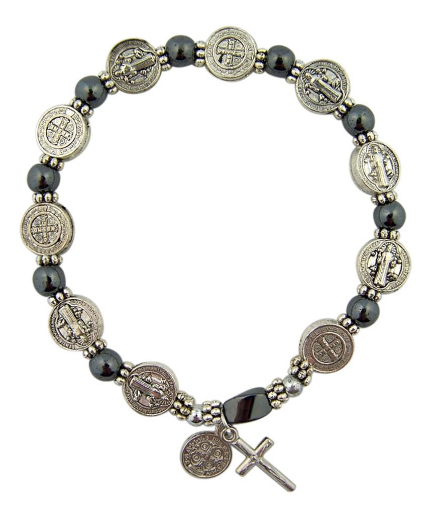 CB Silver Tone Saint Benedict Medal Hematite Bead Rosary Bracelet, 7 1/2 Inch