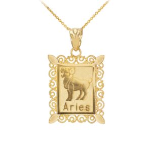 Fine 14k Yellow Gold Filigree-Style Rectangular Frame Aries Zodiac Sign Pendant Necklace, 20"