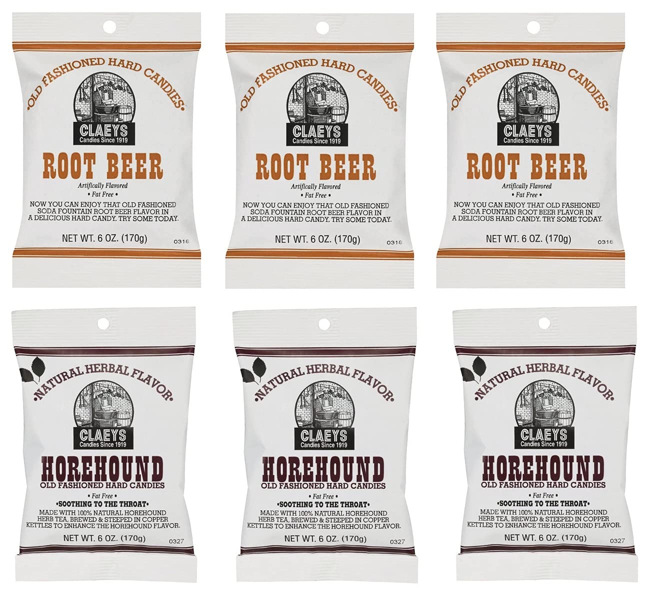 Claeys Old Fashioned Hard Candy - Variety 6 Pack - Horehound and Root Beer - 3 of Each Flavor - 36 Ounces Total