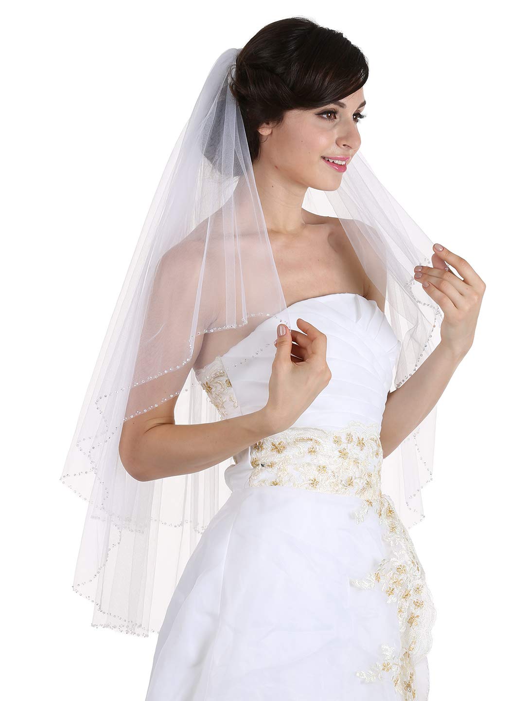 SAMKY 2T 2 Tier Beaded Edge Circular Veil - Light Ivory Clear Crystal Fingertip Length 36"