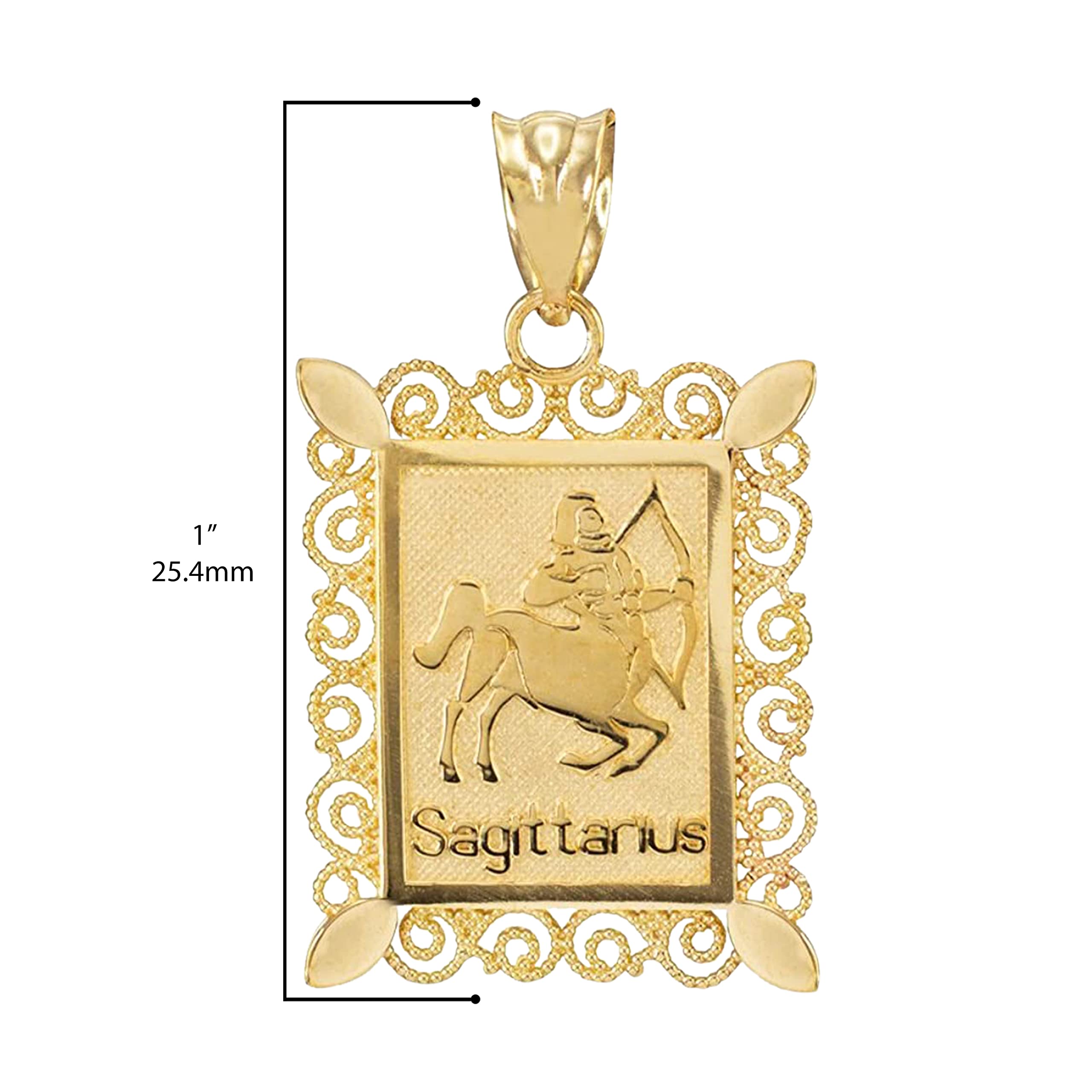 Astrology Jewelry 10K Yellow Gold Filigree Style Rectangular Frame Zodiac Sign Charm Pendant – Sagittarius