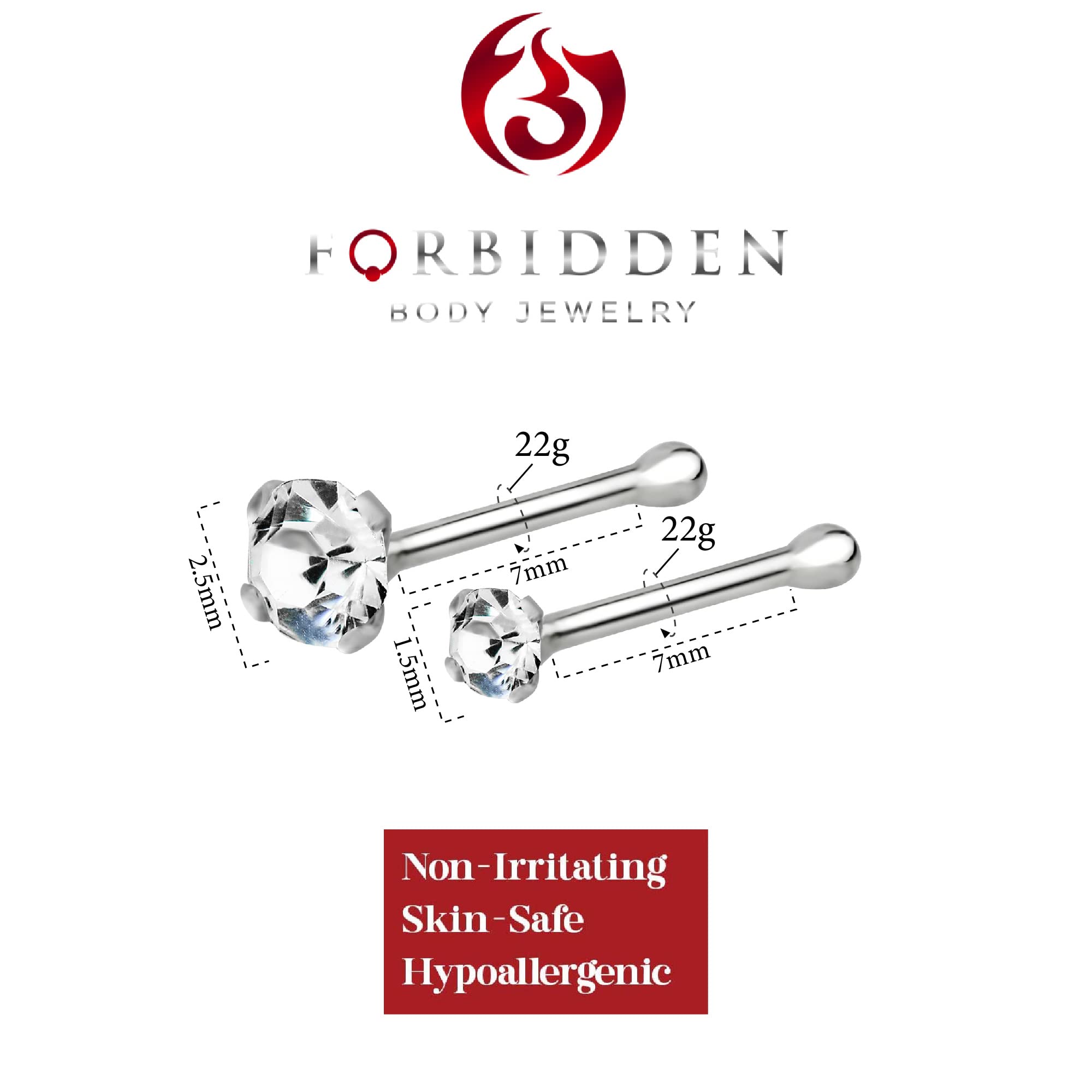 Forbidden Body Jewelry Nose Rings 22G Sterling Silver CZ Simulated Diamond Nose Studs, 1.5 mm & 2.5mm