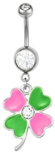 forbidden body jewelry surgical steel jeweled pink and green four leaf clover dangle belly button ring