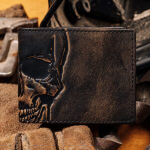 House of Jack Co. SKULL Bifold Wallet for Men | Extra Capacity Two ID Windows | Full Grain Leather With Hand Burnished Finish | Multi Card Capacity | Skull Men's Wallet