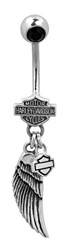 Harley-Davidson Women's Belly Jewel, Black Onyx Wing Bar & Shield Logo HDZ0058