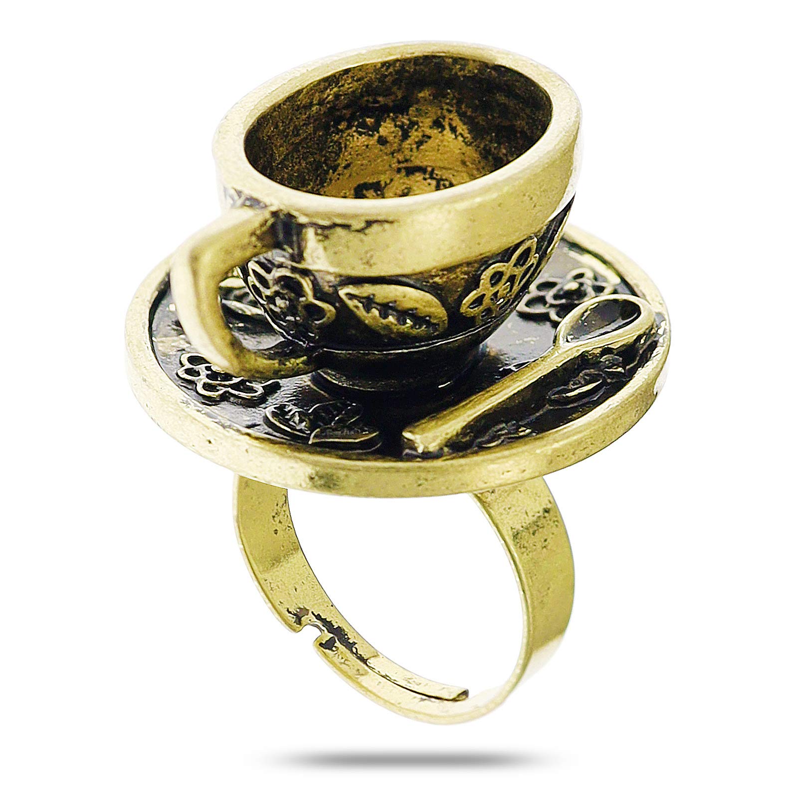 RechicGu Gold Vintage Fairytale 3D Tea Cup Saucer Ring Party Fairy Tale Hatter Wonderland Cosplay Fancy Dress