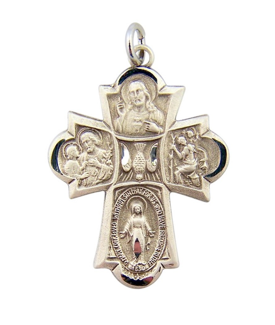 HMHReligiousMfg Sterling Silver Four Way Medal Cross with Dove Center, 1 3/16 Inch