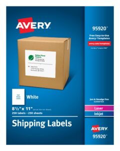 avery full sheet printable shipping labels, 8.5" x 11", white, 250 blank mailing labels (95920)