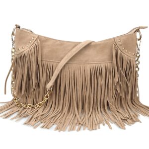 HOXIS Studded Tassel Faux Suede Leather Hobo Cross Body Chain Shoulder Bag Womens Satchel (Khaki)