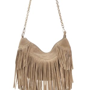 HOXIS Studded Tassel Faux Suede Leather Hobo Cross Body Chain Shoulder Bag Womens Satchel (Khaki)