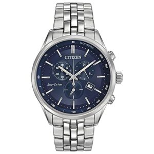 citizen men's classic corso eco-drive watch, chronograph, 12/24 hour time, date, sapphire crystal, stainless/ blue dial