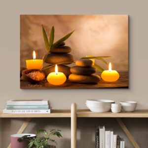 wall26 Canvas Print Wall Art Candles with Massage Stones in Romantic Brown Atmosphere Floral Nature Photography Realism Bohemian Scenic Relax/Calm Cool for Living Room, Bedroom, Bathroom - 16"x24"