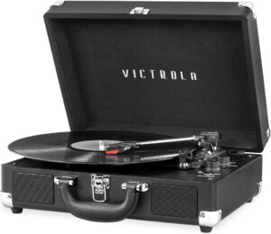 victrola vintage 3-speed bluetooth portable suitcase record player with built-in speakers | upgraded turntable audio sound | black, model number: vsc-550bt-blk