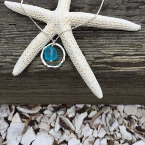 Ocean Waves Sea Glass Pendant Necklace, with sterling silver chain,Handmade Silver Plated Hoop with TumbledTurquoise Sea Glass