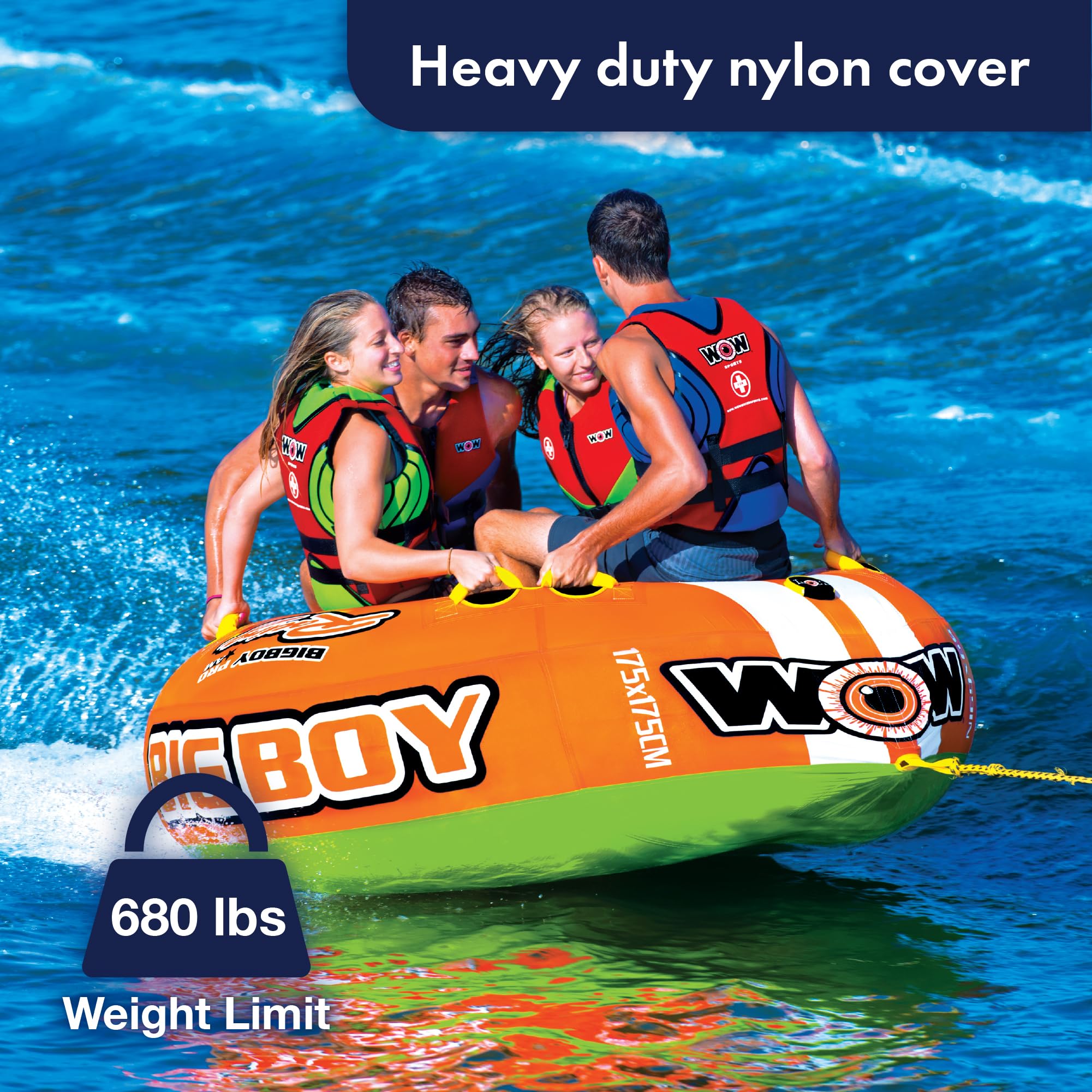 WOW Sports World of Watersports Big Boy 1 2 3 or 4 Person Inflatable Racing Towable Tube for Boating, 15-1130