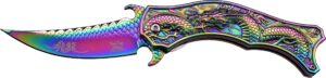 dark side ballistics - spring assisted folding knife - rainbow tinite coated stainless steel blade and handle, dragon theme, pocket clip, edc, fantasy, collectible, ds-a019rb