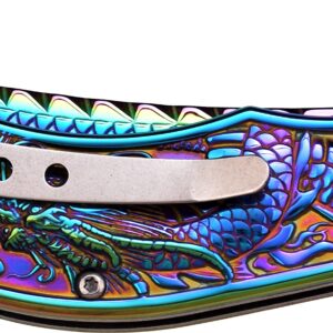 Dark Side Ballistics - Spring Assisted Folding Knife - Rainbow TiNite Coated Stainless Steel Blade and Handle, Dragon Theme, Pocket Clip, EDC, Fantasy, Collectible, DS-A019RB