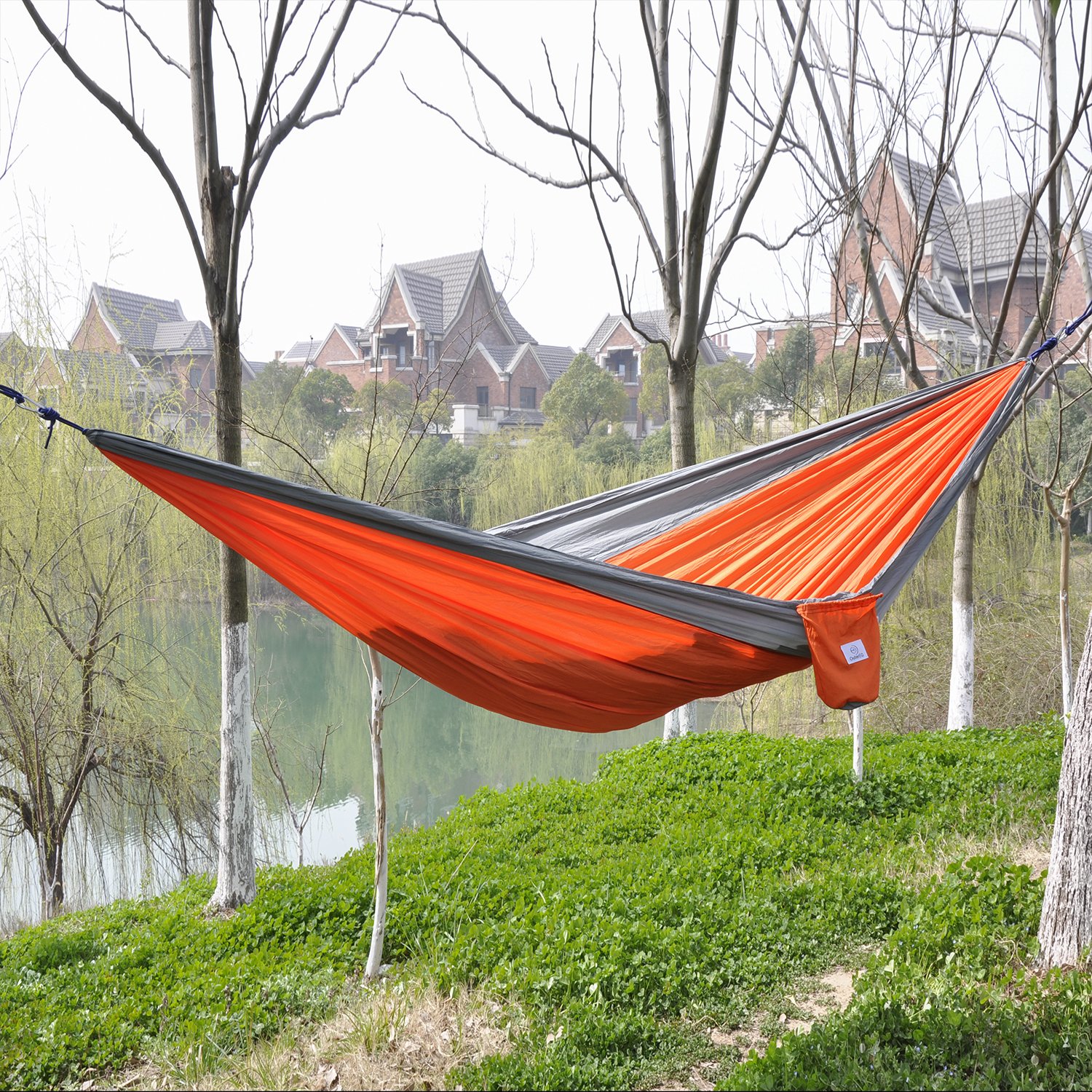 OuterEQ Portable Lightweight Nylon Fabric 400lb Double Hammock Travel Camping Hammock (Grey/Orange, Approx 295 x 198cm)