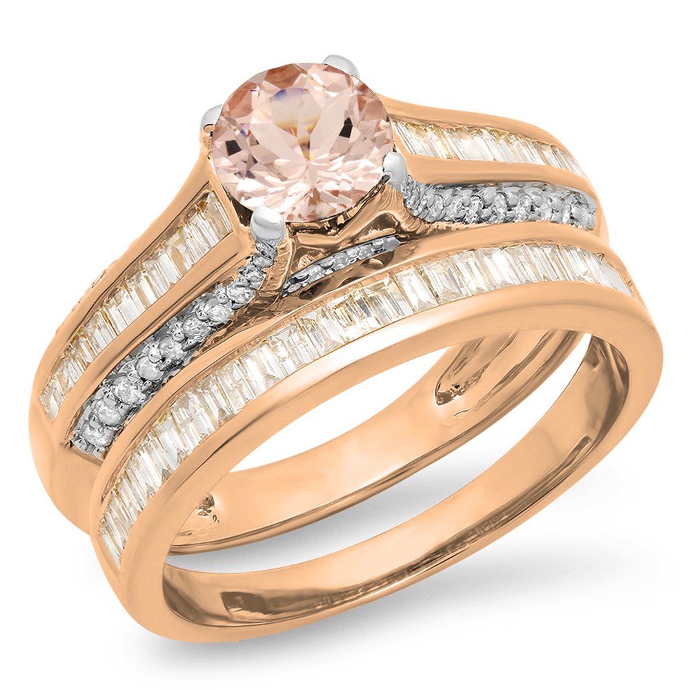 Dazzlingrock Collection Baguette Cut Morganite & White Diamond Vintage Wedding Ring Set in 14K Rose Gold, Size 4.5